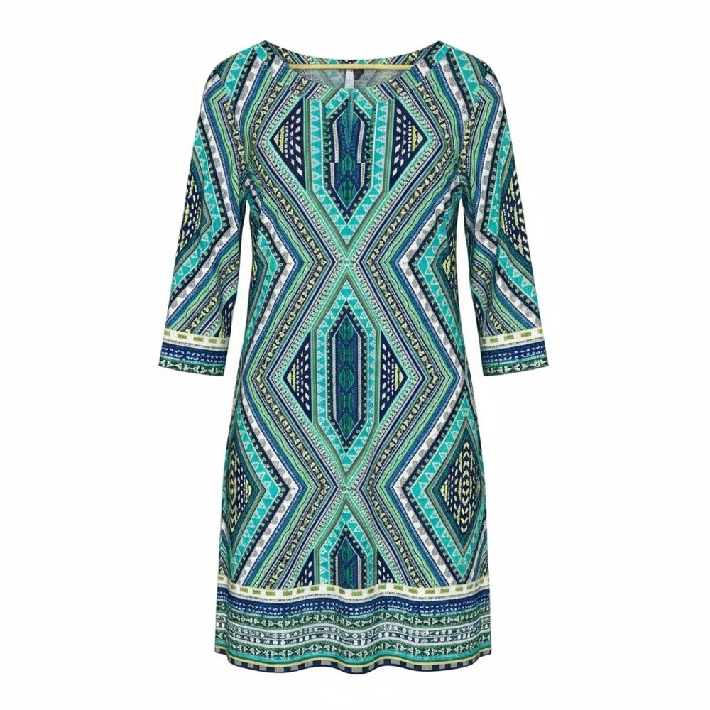Chicos Dress 2 12 Geometric Print Sheath Dress Blue Green Keyhole 3/4 Sleeve